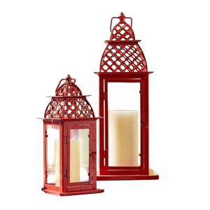 Juego de 2 faroles de vela estilo vintage, lámpara de viento de metal rojo, portavelas decorativo para colgar y de sobremesa, para decoración del hogar y bodas - Product Image 2