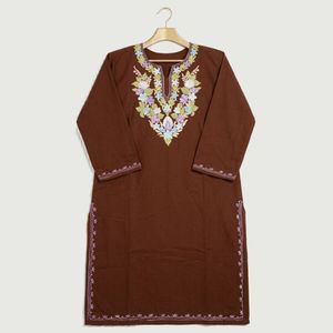 Chocolate Brown Kashmiri Pheran <b>Kurti</b> with Pastel Floral Embroidery - Product Image 2