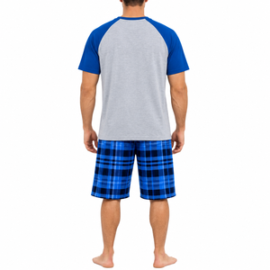 Ensemble de pyjama décontracté Fasmic International pour homme, en coton 100% respirant, à manches courtes, à carreaux bleus, avec poches, pour l'hiver - Product Image 3