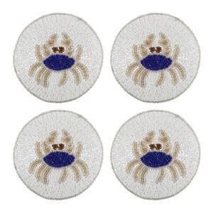 Ensemble de 4 dessous-de-verre ronds en mosaïque de crabe, blanc et bleu, en pierre, durables, style Méditerranée, pour usage promotionnel - Product Image 1