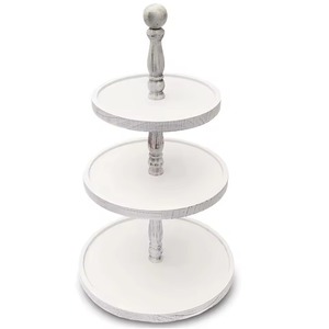 Three Tiered Wood <b>Cake</b> <b>Stand</b> Round Shabby Chic <b>White</b> Antique Weathered Decorative Tray - Product Image 3