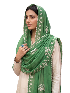 Wholesale Women Green Cotton Voile Hijab Floral Rhinestone Embroidery Breathable Ethnic <b>Scarf</b> Daily Wear OEM Supplier - Product Image 2