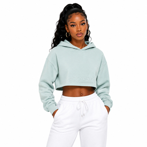 Cosh International Sorority Sisterhood Custom Manufacturer Women <b>Crop</b> Top Solid Drop Shoulder <b>Zip</b> <b>up</b> Hoodie Baggy Raw Hem - Product Image 3