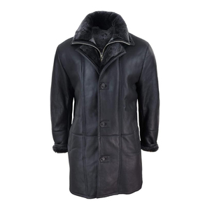 Men's Genuine Leather Overcoat With <b>Fur</b> Lining Notched Lapel Knee Length Single Breasted Coat - Product Image 1