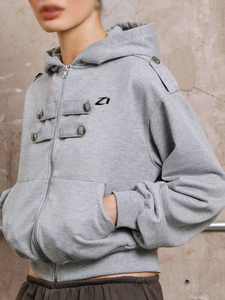 Women's Gray <b>Cropped</b> Fleece <b>Zip</b>-<b>Up</b> Hoodies Casual Sweatshirt Decorative Button Detail Custom Logo Autumn Winter Wholesale OEM - Product Image 5