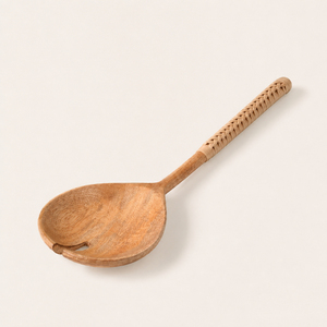 Hand-Carved Mango Wood Salad Servers with Rattan <b>Wrapped</b> Handles 2 Piece Eco-Friendly Wooden Serving Set for <b>Kitchen</b> & Farmhouse - Product Image 2