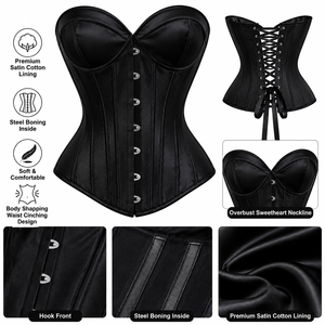 Custom Made <b>Women</b> Overbust Satin <b>Corset</b> Top Sweetheart Neck Steel Boning Hook Front Lace Up Back Body Shaper Waist Trainer - Product Image 5