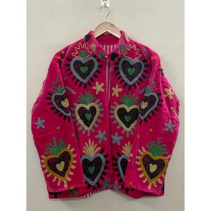 Veste en velours tricoté en coton brodée à la main pour femme, col mandarin, manches longues, motif floral, ouverte sur le devant, style Prairie, hiver/printemps - Product Image 1
