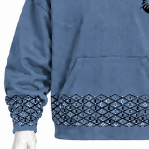 Sweat-shirt à capuche en molleton épais bleu denim avec bordure brodée, ourlet et poignets décoratifs, poche kangourou, style décontracté - Product Image 6