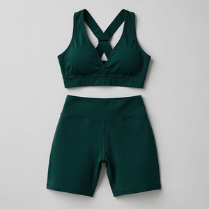 Women's <b>Blue</b> Crisscross Sports <b>Bra</b> High Waist Shorts Set Seamless Breathable Quick Dry Spandex Backless Yoga Activewear 2 Piece - Product Image 4