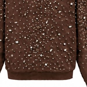 Chocolate Brown Pearl Full <b>Zip</b> <b>Hoodie</b> Crystal Studded Streetwear Jacket Long Sleeve Hooded Sweatshirt With Front <b>Pockets</b> - Product Image 6