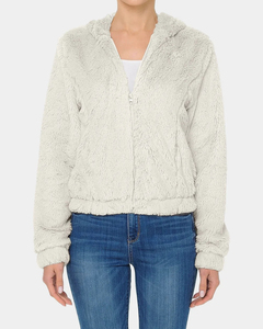 Chaqueta con capucha de piel sintética color blanco roto para mujer, con cremallera completa, abrigo de felpa Sherpa, ropa de invierno personalizada, fabricante de ropa al por mayor - Product Image 1