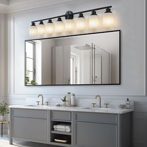 Specchio da Bagno Moderno a 8 Luci, 52 Pollici, Vetro Smerigliato Bianco con Cornice in Ferro Nero, Applique da Parete Contemporanea per Camera da Letto - Product Image 3