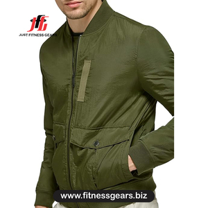 Blouson bomber vert olive pour homme, col montant, fermeture éclair, coupe-vent décontracté en polyester, vêtement d'extérieur pour l'automne - Product Image 2