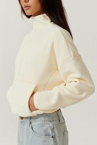 <b>Women</b> Oversized Cream <b>Quarter</b>-<b>Zip</b> <b>Sweatshirt</b> Full Sleeve Stand Collar Solid Color Knitted Breathable Autumn Wear - Product Image 3