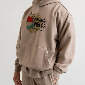Conjunto Deportivo de Algodón Beige para Hombre, Sudadera con Cuello Redondo y Estampado Summer Vibes, Pantalones Deportivos Largos, Ropa Casual con Bolsillos Laterales - Product Image 2