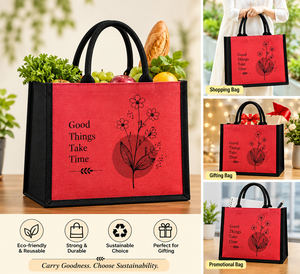 Red Jute Shopping <b>Bag</b> With Floral Design And "Good Things Take Time" Quote <b>Medium</b> <b>Size</b> Handheld Tote - Product Image 5