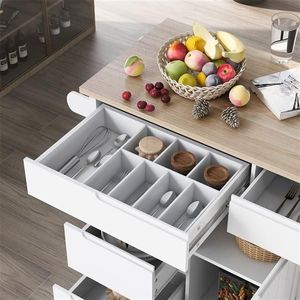 Carrello da Cucina Moderno con Piano in Legno di Gomma, 8 Cassetti Estraibili e Organizzatore per Posate, 5 Cassetti Estraibili Inclusi - Product Image 3