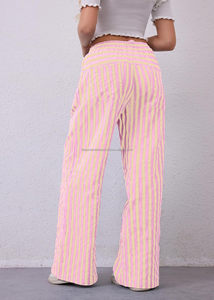 Pantalon à rayures avec cordon de serrage 100% coton Pantalon ample à jambes larges Pantalon décontracté à taille basse Pantalon de salon confortable avec poches - Product Image 4