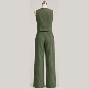 Women New Green Linen Cotton Sleeveless V-Neck <b>Jumpsuit</b> <b>Wide</b> <b>Leg</b> Pants Set Minimalist Summer Breathable Full Length Solid Color - Product Image 3