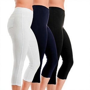 Leggings Capri taille haute avec poches, couleur unie, tricot extensible, pantalon pour femme, noir, marine, blanc, toutes saisons, style basique - Product Image 4