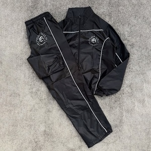 Custom <b>Mens</b> Black Nylon Windbreaker Tracksuit Set High Neck Full Zip Jacket Matching Track <b>Pants</b> <b>White</b> Contrast Piping - Product Image 1