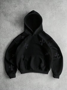 Sweat à capuche noir surdimensionné pour homme avec motif croix brodé en coton French Terry, vêtement décontracté pour l'automne - Product Image 3