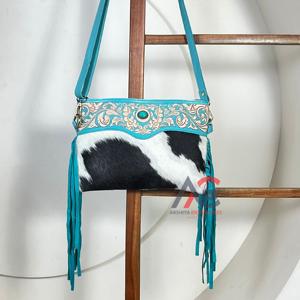 New Genuine Cowhide Western Leather Fringe Bag Hand Tooled Floral Design Turquoise Accent Shoulder Crossbody Handbags for Female - Product Image 1