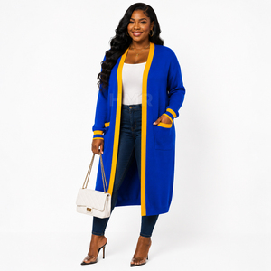 Cardigan en acrylique tricoté HMR Sisterhood Sorority bleu avec bordure jaune, ouvert sur le devant, manches longues, style décontracté, col rond - Product Image 1