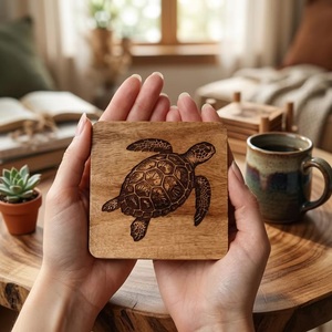 Posavasos Cuadrado de Madera con Diseño de Tortuga, Hecho a Mano, Rústico, 10 cm de Diámetro, Alfombrillas y Bases para Arte con Cuentas - Product Image 2