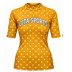 <b>Orange</b> Gold Polka Dot <b>Women</b> Mock Neck Short Sleeve T Shirt Slim Fit Printed Casual Stretch <b>Top</b> Fashion Summer Wear Wholesale - Product Image 1