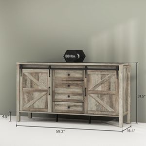 59\" Gray Wash Farmhouse Buffet Cabinet <b>Sideboard</b> with Thick Top 2 Barn Doors 4 Drawers 2 Adjustable Shelves for Villa Dining - Product Image 3