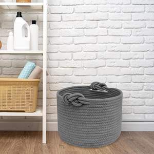 Panier de rangement rond décoratif avec poignées, lavable, gris foncé, organisateur d'étagère de placard - Product Image 5