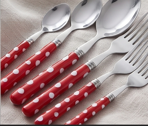 Ensemble de couverts rouges à pois, 5 pièces, en acier inoxydable, passe au lave-vaisselle, manche au design mignon, vaisselle de fête en plastique - Product Image 6