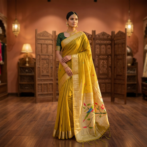 Sari en coton avec broderies florales et zari en forme de paon, style traditionnel indien et pakistanais pour femmes, avec grand pallu, idéal pour les mariages. - Product Image 1