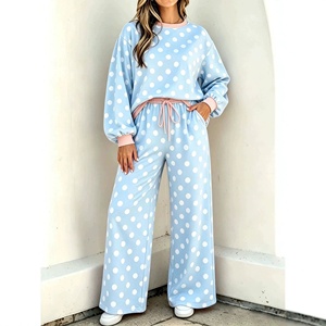 Conjunto de 2 Piezas de Moda para Mujer, Estilo Casual con Estampado de Lunares, Sudadera de Cuello Redondo y Pantalones Anchos, Estilo Varsity, Conjunto de Pijama - Product Image 1