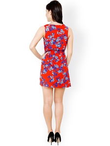 Vestido Mini sin Mangas con Estampado Floral para Mujer, Verano, Casual, para Exteriores, Línea A, Patrón Rojo y Azul, Tejido Transpirable, Cuello Redondo - Product Image 2