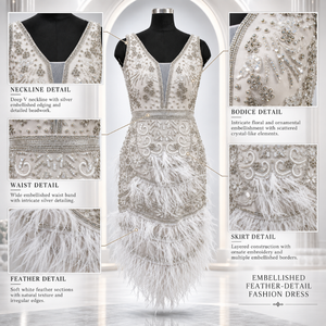 Elegant <b>White</b> Feather Embellished Evening <b>Gown</b> | Deep V Neck Sleeveless Crystal Bead Floral Embroidery Fitted Floor Length Dress - Product Image 5