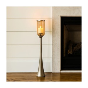 Luxury <b>Brushed</b> Silver <b>Floor</b> Candelabra With Tinted Glass Hurricane Stately Tapered Metal <b>Floor</b> Candle Stand - Product Image 6