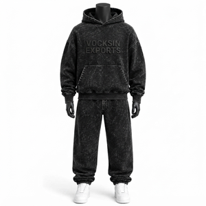 Ensemble de survêtement streetwear pour homme en molleton épais noir délavé à l'acide, coupe oversize, avec sweat à capuche et pantalon de jogging, OEM ODM, vente en gros - Product Image 2