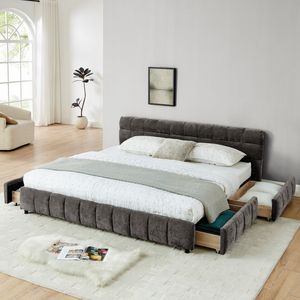 <b>King</b> <b>Size</b> Chenille Fabric Upholstered <b>Bed</b> <b>with</b> Solid Headboard and <b>Drawer</b> Comfortable <b>Bed</b> <b>Frame</b> - Product Image 1