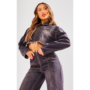 Chaqueta de mezclilla de punto corta para mujer con dobladillo deshilachado, cuello vuelto, manga larga, ecológica, ligera, 100% algodón, informal, para otoño - Product Image 1