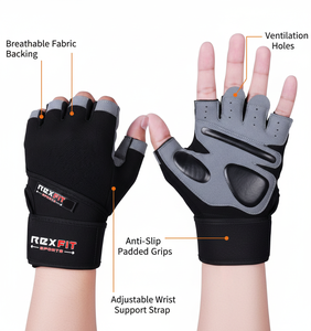 Gants de sport Rexfit demi-doigts noirs et gris en polyester respirant, anti-humidité, antidérapants, avec fermeture auto-agrippante et sangle de poignet réglable pour le fitness - Product Image 2