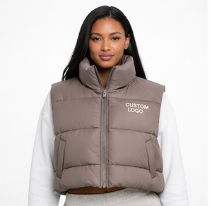 Chaleco acolchado de cuello alto color taupe para mujer, chaleco acolchado sin mangas, chaleco acolchado de poliéster para invierno para mujer, más vendido. - Product Image 1