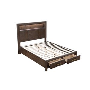 Letto matrimoniale in stile moderno con testiera a LED e libreria, rivestito in noce, mobili imbottiti - Product Image 5