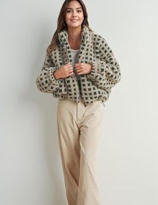 Best Selling Women's Cream <b>Green</b> Grid Sherpa <b>Jacket</b> Jacquard Pile Knit Full Zip Elastic Cuffs Shock <b>Cord</b> Hem B2B Manufacturing - Product Image 2