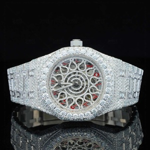 Montre Hip Hop en acier inoxydable argenté avec bracelet en moissanite et cadran rouge à chiffres arabes, couleur et clarté DE-VVS, montre de créateur pour homme - Product Image 6
