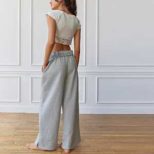 Pantalon de survêtement gris pour femme, coupe large, taille mi-haute, avec cordon de serrage, ample, longueur intégrale, décontracté, en molleton pour l'automne - Product Image 1