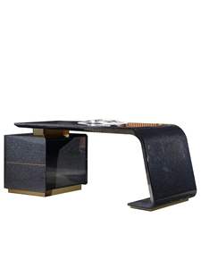 Ensemble de bureau de direction de luxe moderne, design italien, table de patron haut de gamme en cuir incurvé avec bibliothèque - Product Image 6
