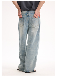 Jeans OEM 100% Coton Lavé Effet Vieilli Coupe Droite Bleu Clair Denim Brut Unisexe Basique Polyvalent Coupe Décontractée - Product Image 5